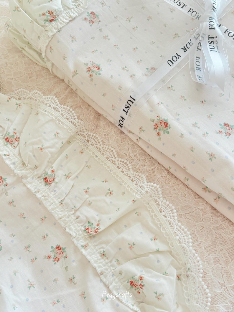 Floral Coquette Duvet Cover Set, Pink Cotton Cottagecore Princess Bedding image 4