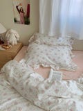 Pink Floral Coquette Lace Trim Cotton Duvet Cover Set