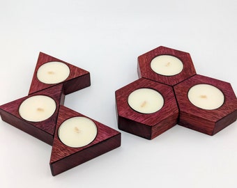 Portavelas de madera de corazón morado • Juego de 3