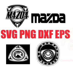 May include: Black and white vector graphic design of the Mazda logo, featuring the iconic rotary engine symbol. The text "Mazda" is displayed in a bold, sans-serif font. The image also includes the text "SVG PNG DXF EPS", indicating the file formats available for download.