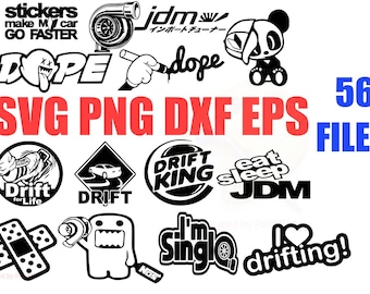 May include: A collection of 56 black and white car-themed SVG, PNG, DXF, and EPS files. The designs include phrases like "Drift King", "Eat Sleep JDM", "I'm Single", and "I love drifting!"