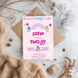 twoey birthday invitation, Bluey Birthday Invitation , Editable Digital Template for Twoey Party, Fun Kids Invite, Instant Download, Canva