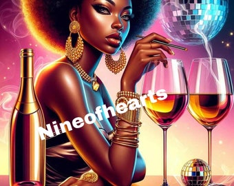 beautiful African American with  Afro disco queen on a night out drinking wine pretty in purple jpeg digital art wall art ai art black art