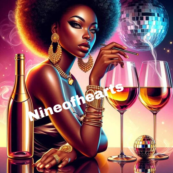 belle afro-américaine avec une reine afro disco lors d'une soirée en buvant du vin jolie en violet jpeg art numérique art mural art ai art noir