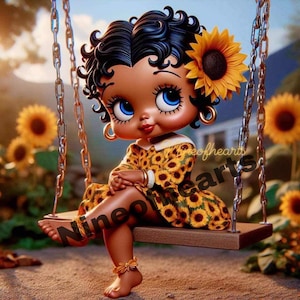 Betty Boop, afroamericana, en un columpio con su vestido de girasol, archivo digital jpeg Betty Boop, afroamericana, en un columpio con su vestido de girasol