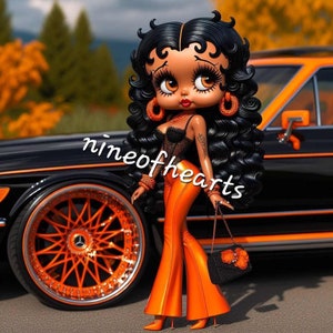 brown skin african american woman, cartoon character, female cartoon, black betty boop, betty boop in orange and black, black betty boop