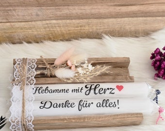 Geschenke Hebamme/Stabkerze für Hebamme/Dankeschön Hebamme /Hebamme mit Herz/Abschiedsgeschenk für die Hebamme/Trockenblumen für die Hebamme
