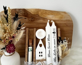 Einzugsgeschenk/Einweihungsgeschenk/Umzugsgeschenk/Geschenkset zum Einzug/in Deko-Holzkiste – Kerzenhalter, Verzierter Deko-Häuser, Sprüche"