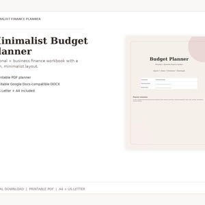Peut inclure: Un planificateur financier minimaliste intitulé "Minimalist Budget Planner". Il comprend un cahier d'exercices de finances personnelles et professionnelles avec une mise en page épurée. Le planificateur est un PDF imprimable et comprend les formats A4 et US Letter.