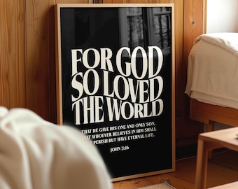 John 3:16 Bible Verse Print, Minimalist Christian Typography Poster (Digital Download)