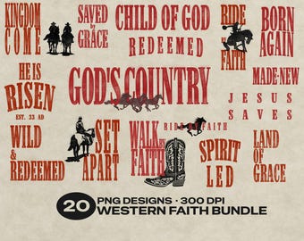 20 png-ontwerpen voor westers geloof | Christelijke cowboybundel | Vintage versleten shirtafbeeldingen | Direct downloaden