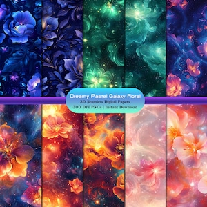 Galaxy Floral Fantasy – 30 Seamless Digital Papers, Vibrant Cosmic Flower Backgrounds in 5 Color Themes, Printable Art Pack