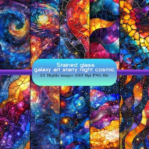 Stained glass seamless pattern Colorful Cosmic Art - Universe and Nebula Digital Printable Paper Instant Download For Commercial Use.
