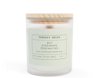 La terapia ayuda, pero gritar blasfemias es más rápido y más barato / Vela terapéutica divertida / Regalo de salud mental / Decoración de la oficina del terapeuta Cuidado personal