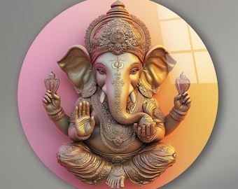 Puede incluir: Una pieza de arte de pared circular con una estatua dorada de Ganesha, el dios hindú de la sabiduría y la prosperidad, sobre un fondo rosa y naranja.