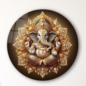 Round Ganesh Glass Wall Art, Tempered Glass Lord Ganesha Decor, Hindu Wall Art, New Home Gifts, Anniversary Gift, Wall Hanging, Glass Print