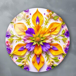 Purple and Yellow Flowers Glass Wall Art, Floral Tempered Glass Wall Decor, Anniversary Gifts, Round and Square Options, Wall Hangings