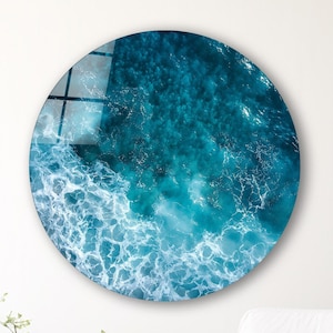 Round Ocean Glass Wall Art, Circle Tempered Glass Decor, Waves Wall Art, Blue Wall Decor, New Home Gifts, Anniversary Gifts, Wall Hangings