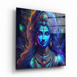 Arte de parede de vidro do Senhor Krishna, decoração de parede de vidro temperado do Deus Hindu, presentes hindus, presentes de casamento, arte de sala de estar, tapeçarias de parede, impressão de vidro