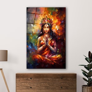 Lakshmi Painting Glass Wall Art, Hindu Goddess Tempered Glass Decor, Wedding Gifts, New Home Gifts, Gifts For Her, Wall Hangings, Home Decor