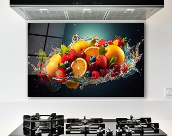 Fruits Splash Glass Wall Art, Tempered Glass Backsplash Decor, Kitchen Wall Art, Dining Room Decor, Anniversary Gifts, Extra Large Wall Art