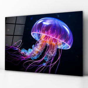 Jellyfish Glass Wall Art, Neon Jellyfish Tempered Glass Decor, Ocean Life Art, Wall Hangings, Anniversary Gifts, Bathroom Art, Glass Print