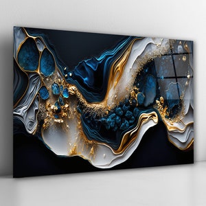 Gold Navy Blue Abstract Glass Wall Art, Modern Tempered Glass Decor, Living Room Art, Bedroom Wall Art, Wall Hangings, Extra Large Wall Art