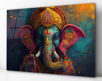 May include: A colorful, abstract painting of the Hindu deity Ganesha, an elephant-headed god, with a gold crown and intricate details. The background is a mix of blue, green, and gold.