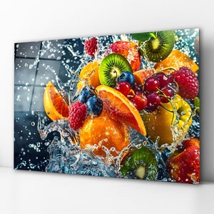 Fruits Splash Glass Wall Art, Tempered Glass Backsplash Panel, Kitchen Wall Art, Dining Room Decor, Anniversary Gifts, Extra Large Wall Art