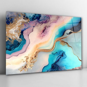 Blue Marble Glass Wall Art, Abstract Tempered Glass Decor, Marble Backsplash, Anniversary Gifts Living Room Art, Wall Hangings, Unique Gift