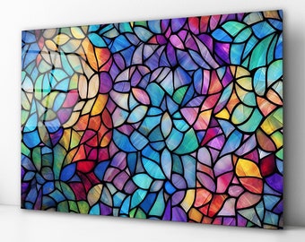 Colorful Stained Glass Effect Wall Art, Tempered Glass Backsplash, Living Room Art, Kitchen Backsplash Panel, Mother's Day Gift, Glass Print