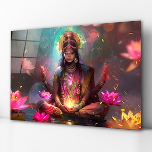 Lakshmi Tempered Glass Wall Art, Laxmi Hindu Goddess Glass Decor, Hindu Gifts, New Home Gifts, Wedding Gifts, Anniversary Gifts, Home Decor