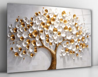 Golden Tree with White & Gold Flowers Glass Wall Art, Elegant Tempered Glass Decor, Living Room Art, Luxury Glass Print, Mother's Day Gifts