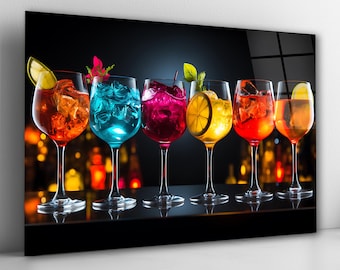Arte mural de cócteles coloridos en vidrio, decoración de vidrio templado para cocina, arte mural para bar, impresión de vasos para bebidas, decoración con alcohol, regalo para casa nueva, tapiz