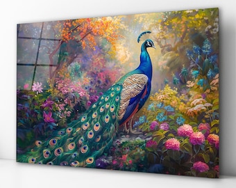Peacock Painting Glass Wall Art, Elegant Tempered Glass Decor, Living Room Art, New Home Gifts, Anniversary Gifts, Wall Hanging, Home Decor