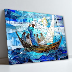 Jesus on the Boat Stained Glass Effect Wall Art, Jesus Christ Tempered Glass Decor, Christian Wall Art, Anniversary Gifts, Wall Hangings