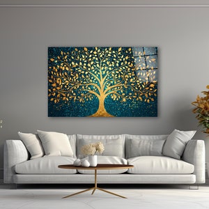 Blue & Gold Glass Wall Art, Tempered Glass Tree of Life Wall Decor, Modern Wall Art, Living Room Art, Housewarming Gifts, Anniversary Gifts