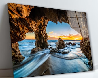 Cave Sunset Ocean Glass Wall Art, Coastal Tempered Glass Decor, Nature Wall Art, Office Wall Art, Interior Design Ideas, New Home Gifts