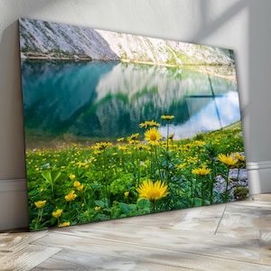 Alpine Lake Glass Wall Art, Yellow Flowers Tempered Glass Decor, Nature Landscape Wall Art, Housewarming Gifts, Wall Hangings, Glass Print
