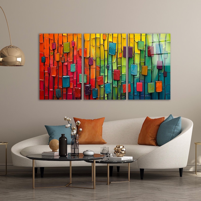 Triple Colorful Modern Glass Wall Art, Minimal Abstract Tempered Glass