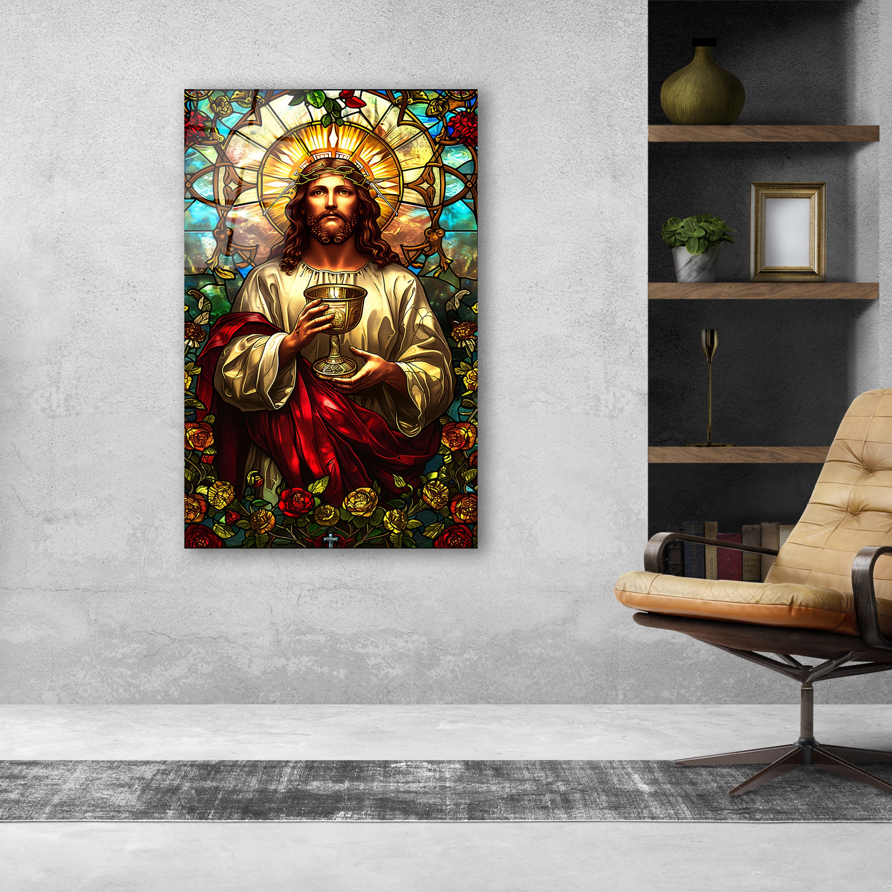イエス・キリストのステンドグラス壁アート、聖体拝領用強化ガラス装飾