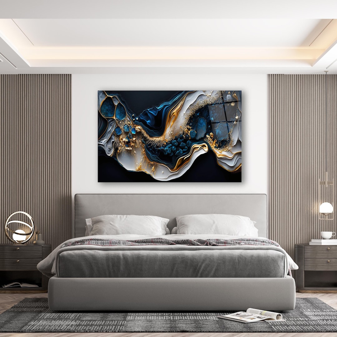 Gold Navy Blue Abstract Glass Wall Art, Modern Tempered Glass Decor ...