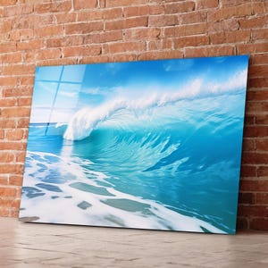 Art mural en verre vagues de l&#39;océan, décoration murale côtière en verre trempé, art mural plage, cadeaux pour une nouvelle maison, cadeaux d&#39;anniversaire, tentures murales, impression sur verre