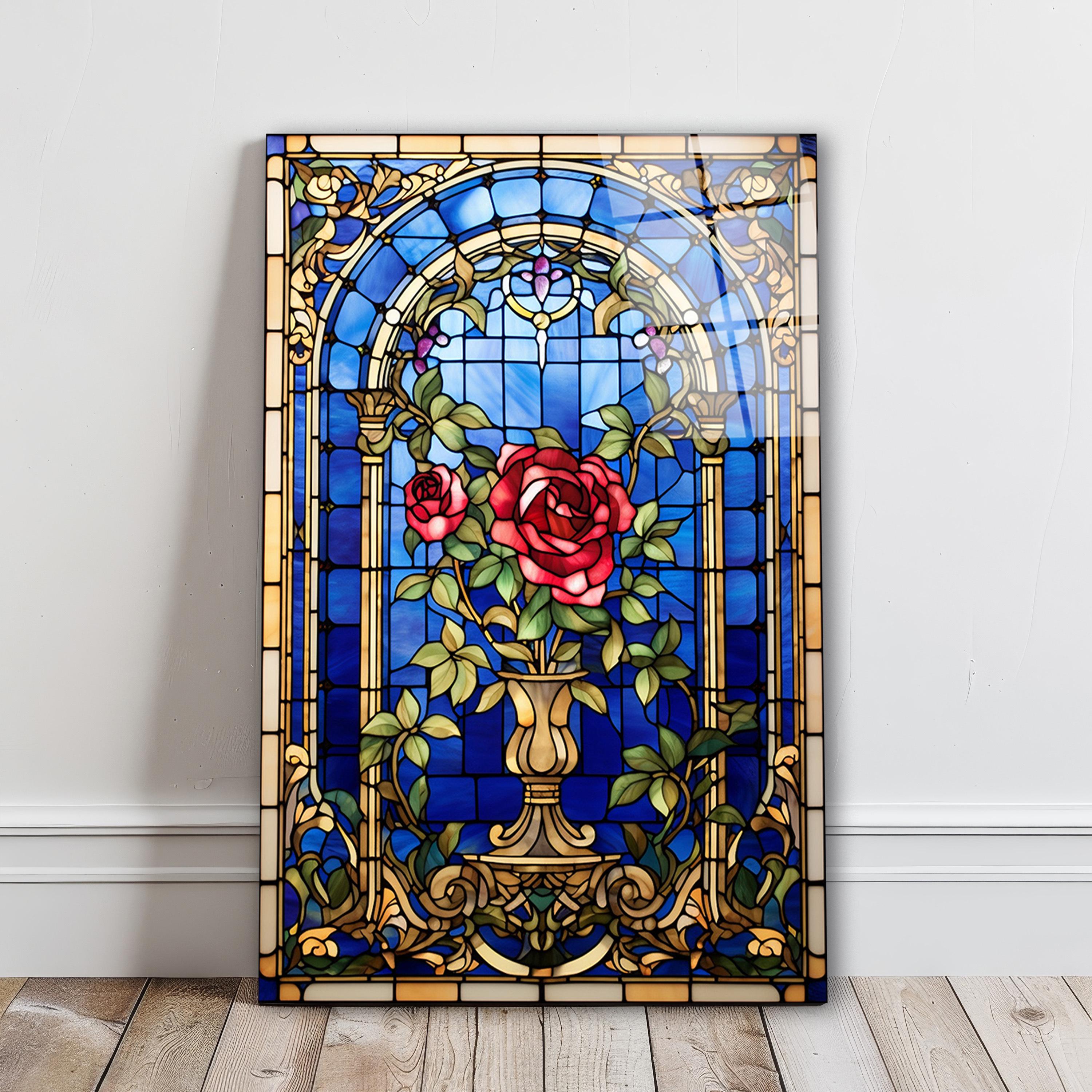 Stained Glass Effect Red Roses Wall Art, Tempered Glass Rose Wall Decor ...