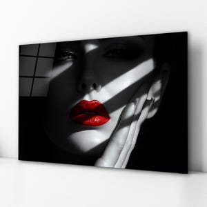 Lady with Red Lips Glass Wall Art, Sexy Woman Tempered Glass Decor, Monochrome Wall Art, Above Bed Art, Anniversary Gifts, Wall Hangings