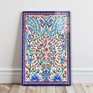 Turkish Iznik Floral Pattern Glass Wall Art, Traditional Islamic Tile Tempered Glass, Ottoman Tile Decor, Anniversary Gifts, Glass Print