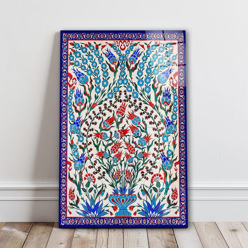 Turkish Iznik Floral Pattern Glass Wall Art, Traditional Islamic Tile Tempered Glass, Ottoman Tile Decor, Anniversary Gifts, Glass Print