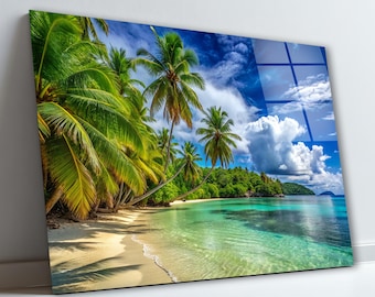 Tropical Beach Glass Wall Art, Palm Trees Tempered Glass Decor, Coastal Wall Art, Living Room Decoration, Anniversary Gifts, Wall Hangings