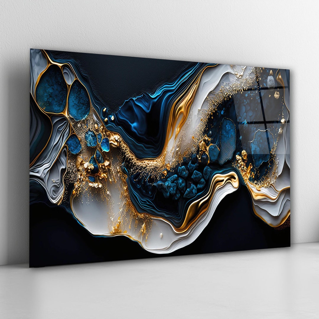 Image showcasing Gold Navy Blue Abstract Glass Wall Art, Modern Tempered Glass Decor ...