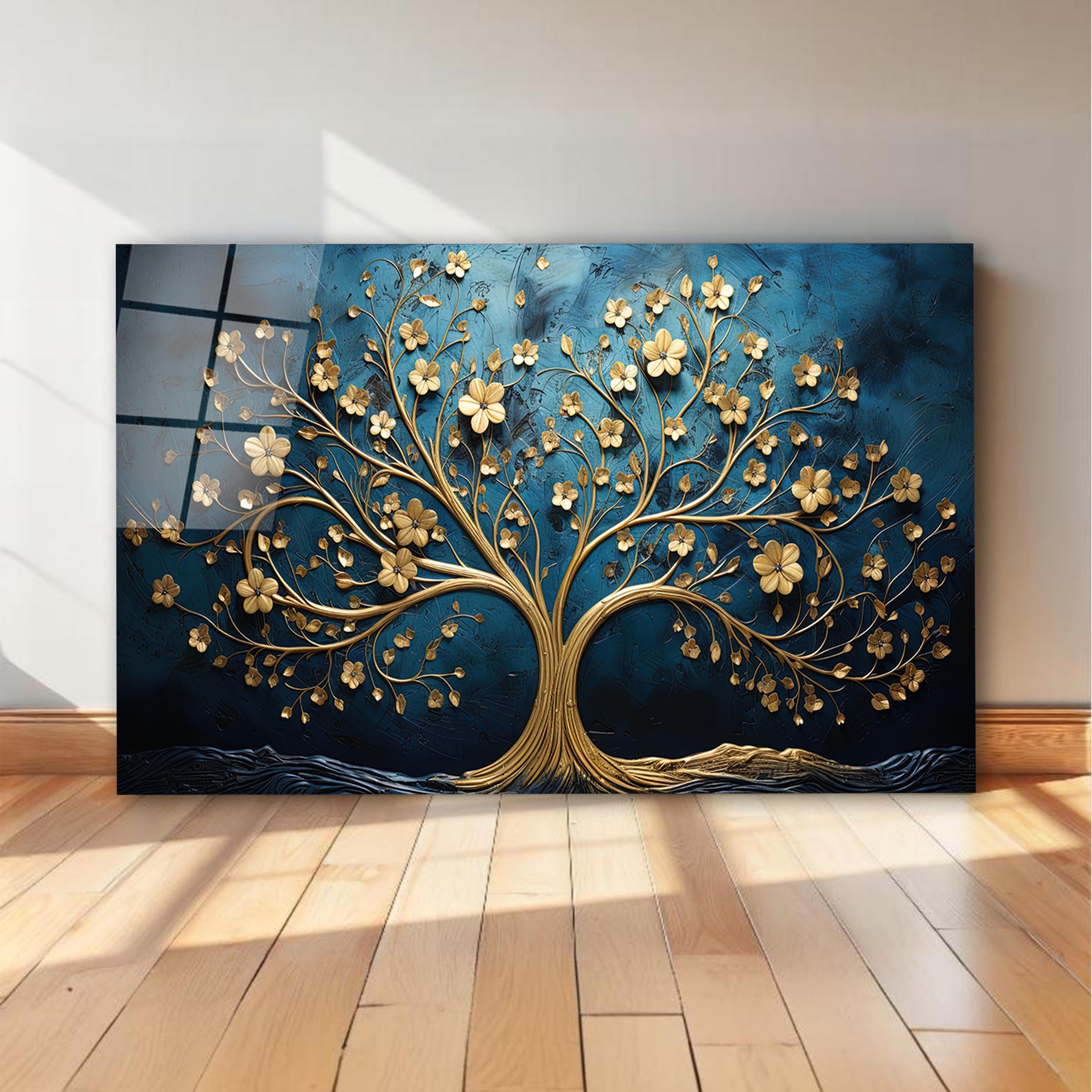 Blue & Gold Glass Wall Art, Tempered Glass Tree of Life Wall Decor, Modern Wall Art, Living Room Decor, Anniversary Gifts, New Home Gifts